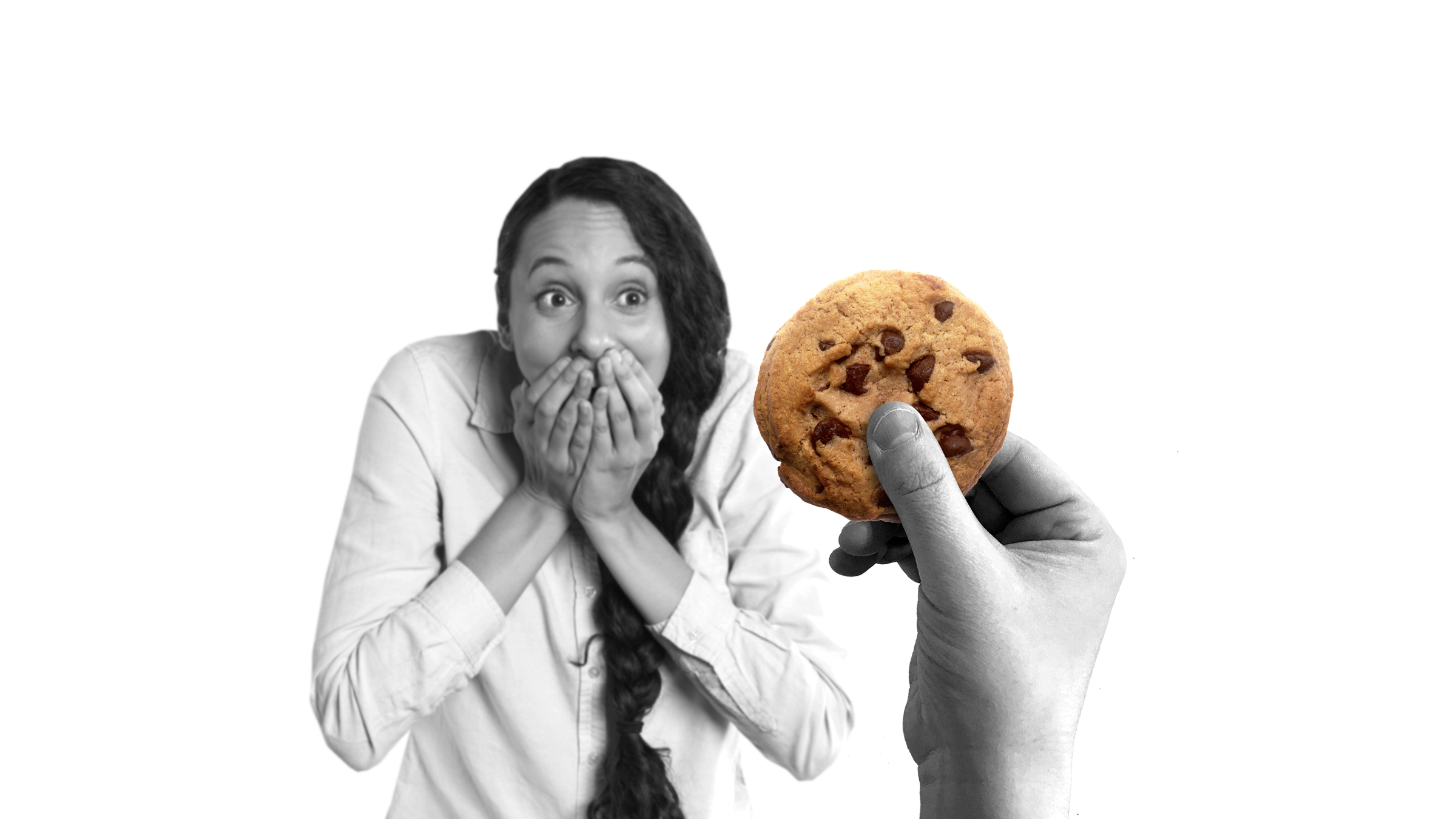 Image: girl holding hands over her mouth and looking at a cookie in a hand