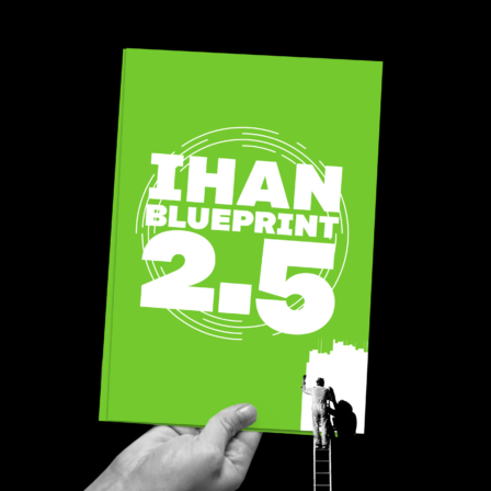 Illustration: en hand håller publikationen med text IHAN Blueprint 2.5