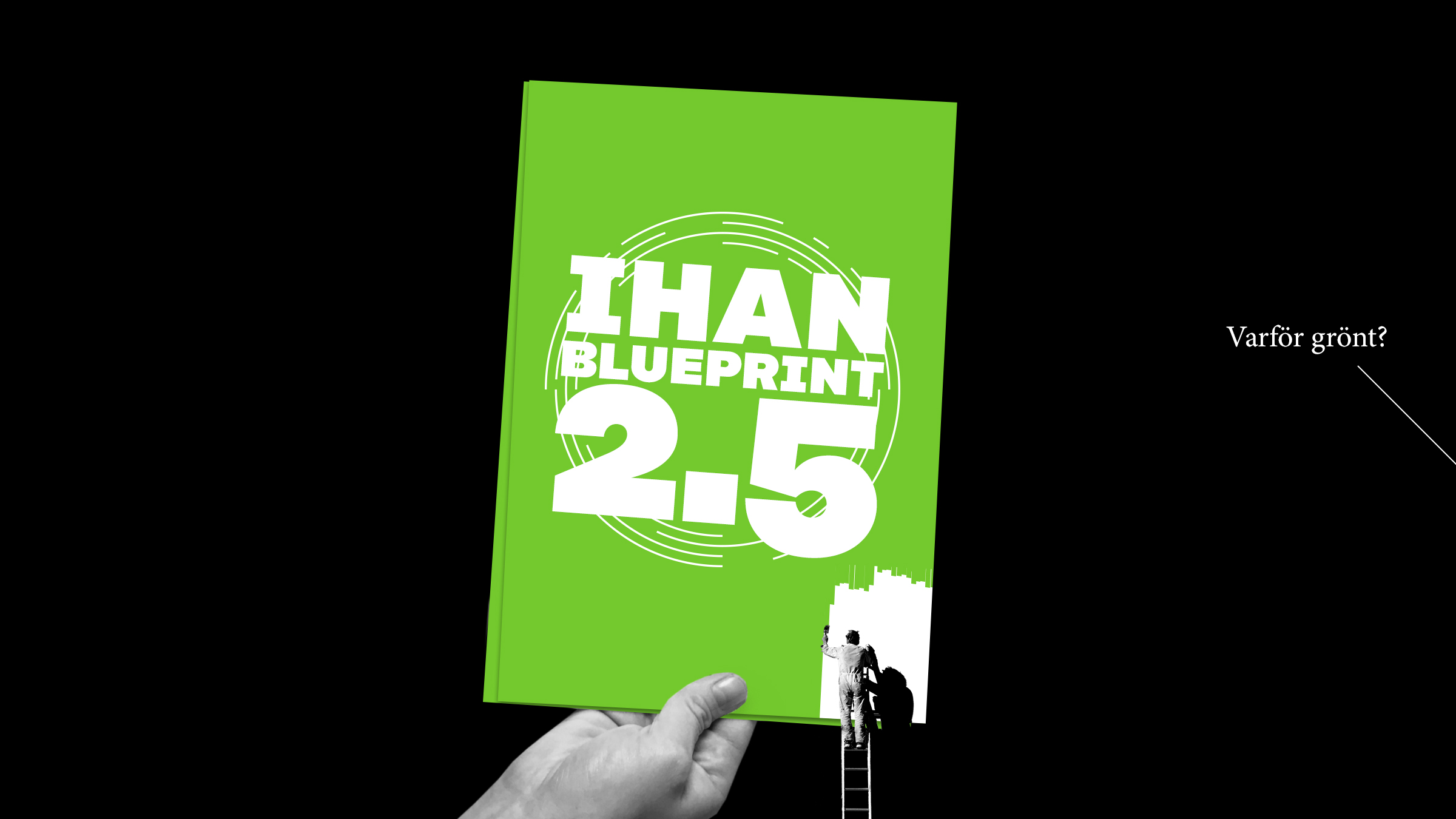 Illustration: en hand håller publikationen med text IHAN Blueprint 2.5