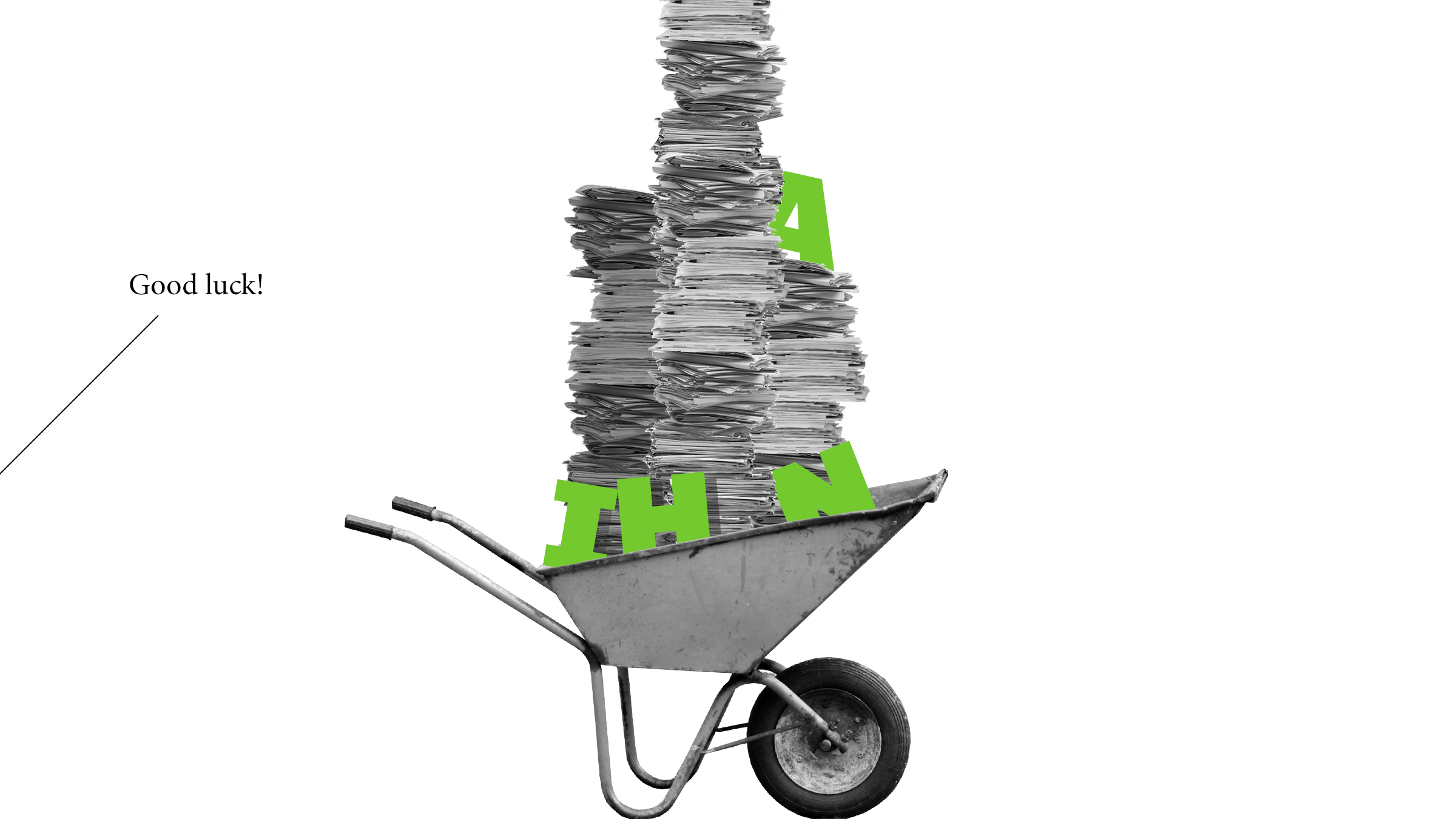 Illustration: a wheelbarrow loaded with pile of papers