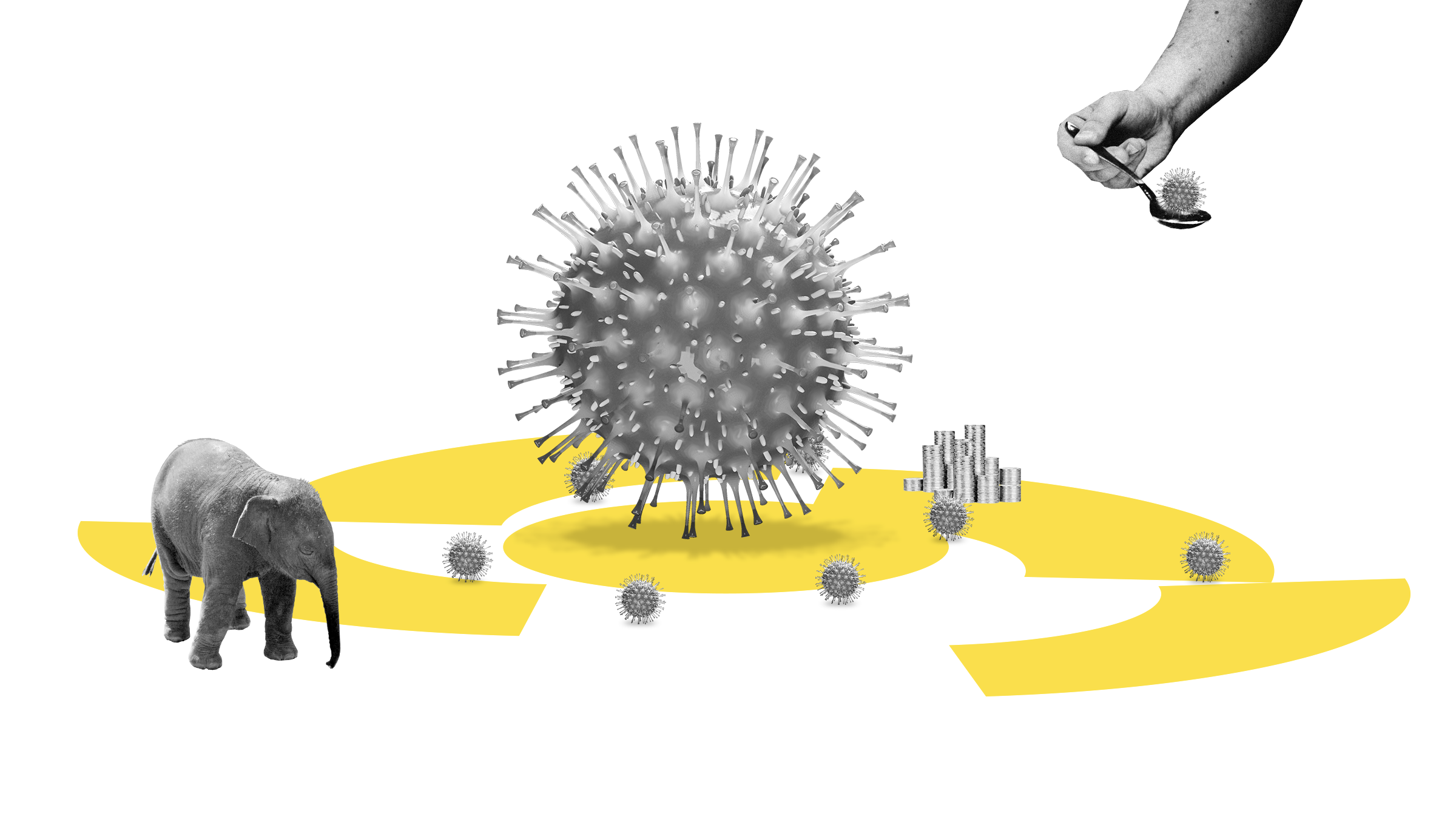 Kuvituskuva, jossa koronavirus, megatrendielementtejä, elefantti ja lusikkaa pitelevä käsi