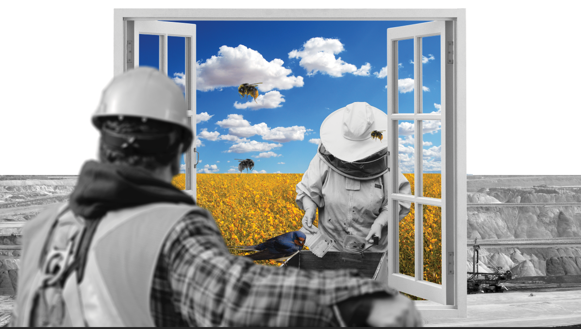 A mining worker looking through a window to see his future work as a beekeeper