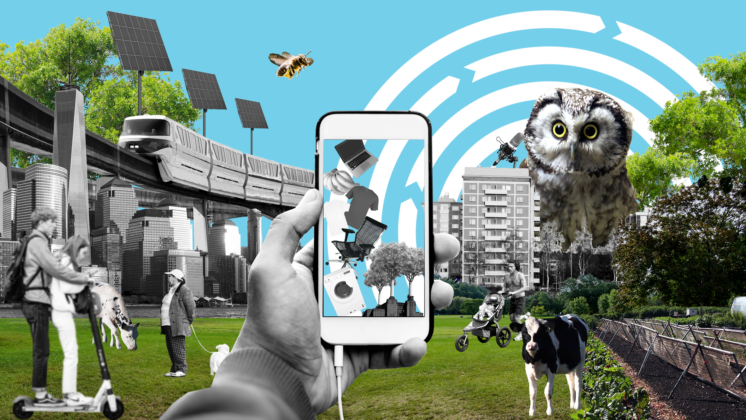 A mobile phone held in fronf of a large owl and a city landscape