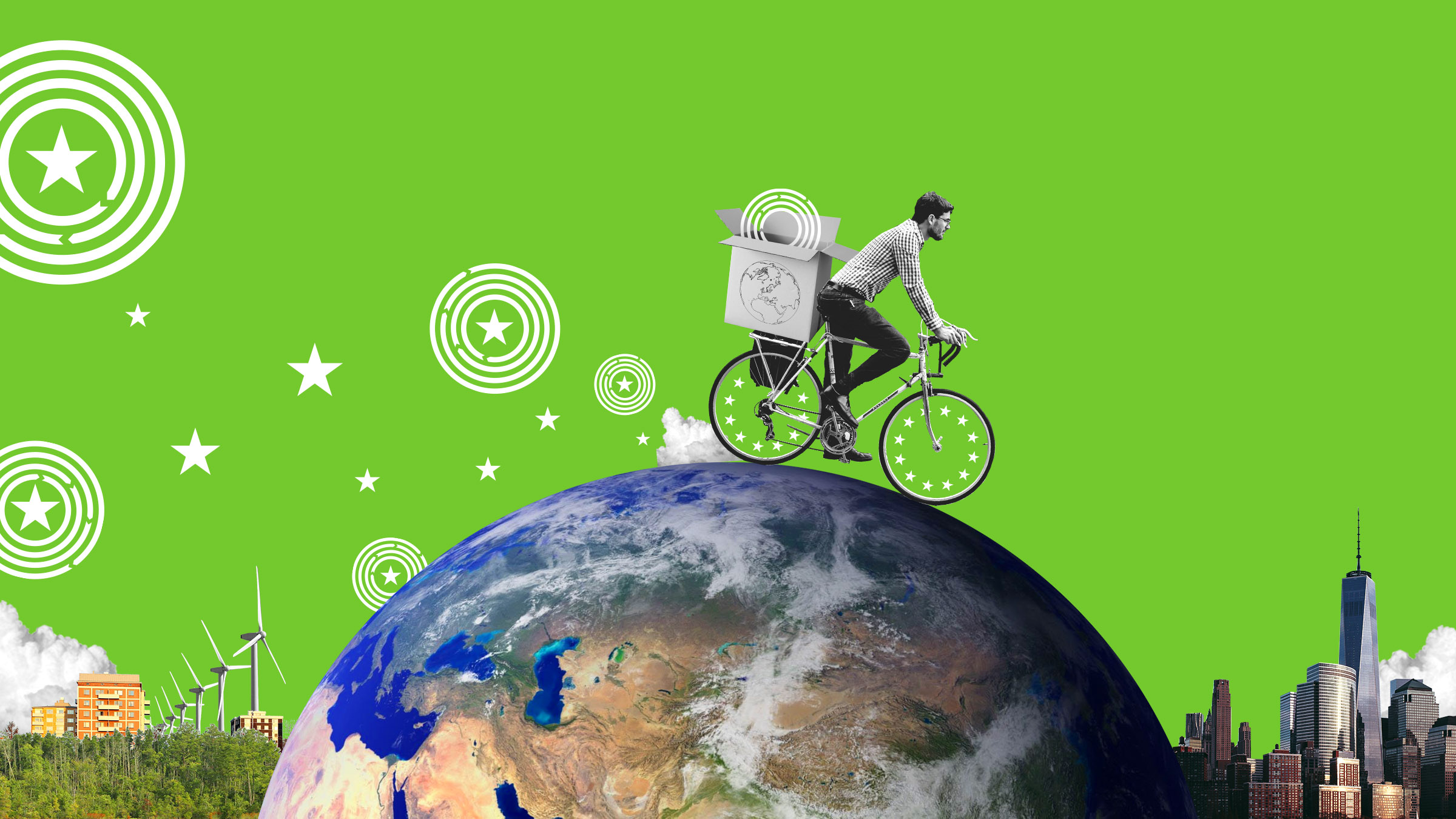 Man riding a bike on the globe, carrying a box with circular solutions