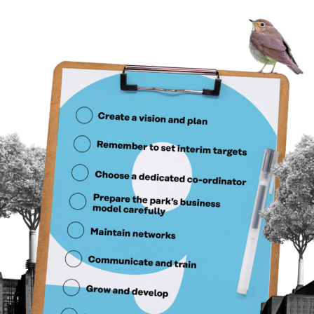 Bird sitting on a notebook containing a list, with trees in the background