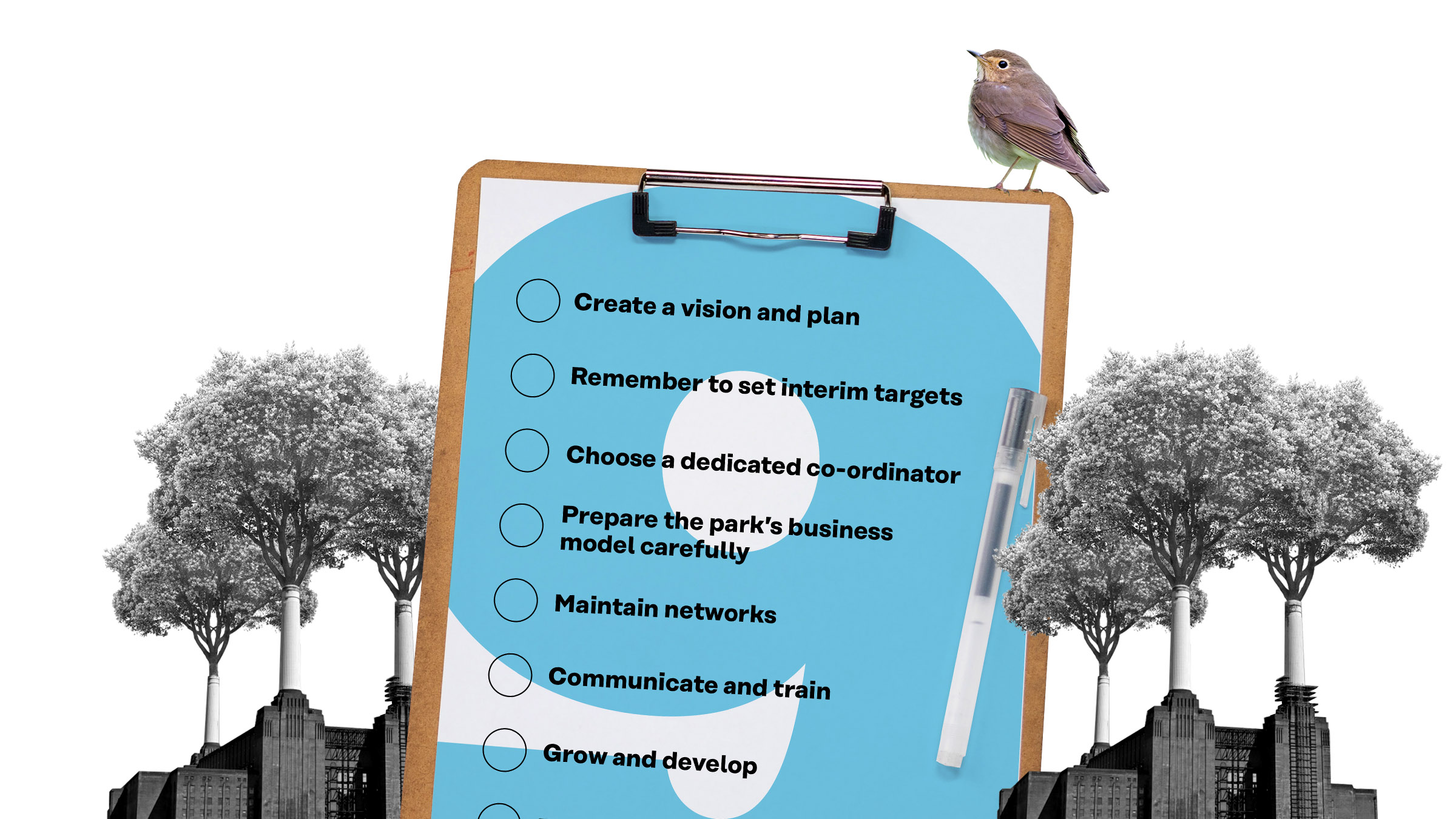 Bird sitting on a notebook containing a list, with trees in the background