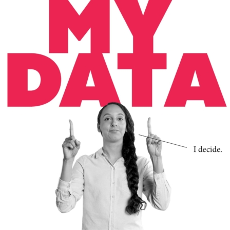 Girl pointing at a text that says "My Data"