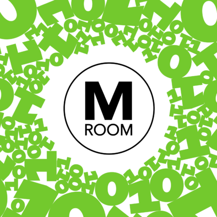 Zeros and ones in the background, M Room logo in the center.