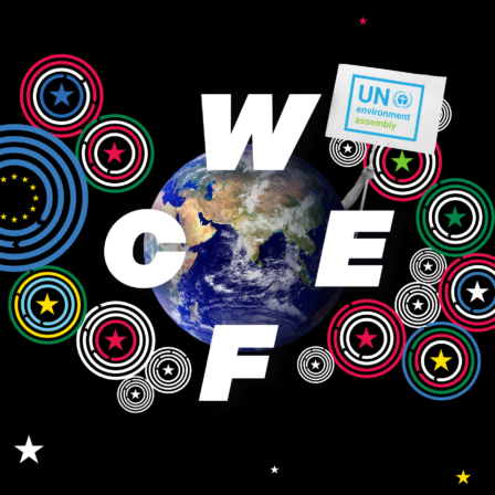 The earth with letters W, C, E and F around it, as well as stars and circularity loops.