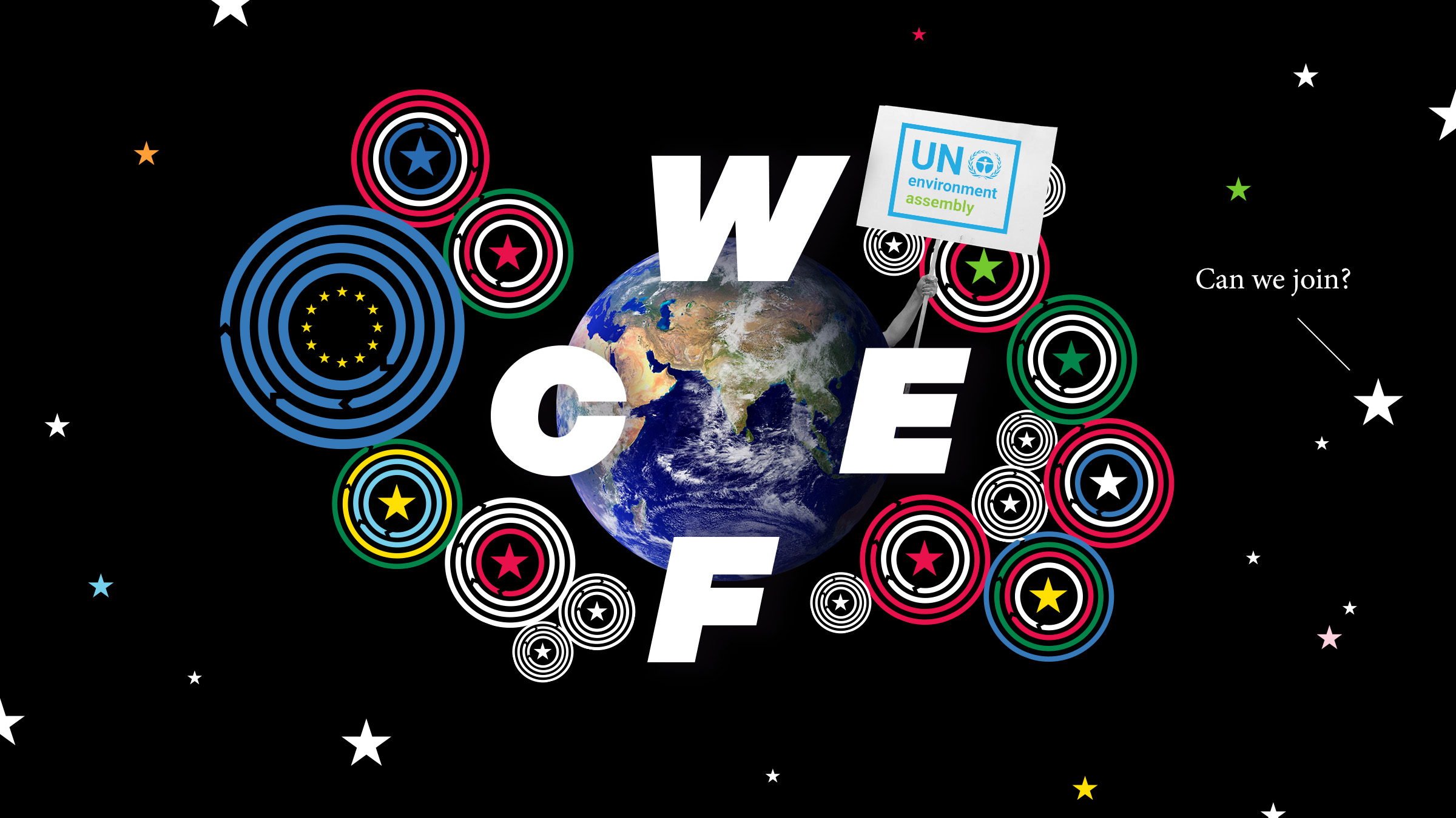 The earth with letters W, C, E and F around it, as well as stars and circularity loops.