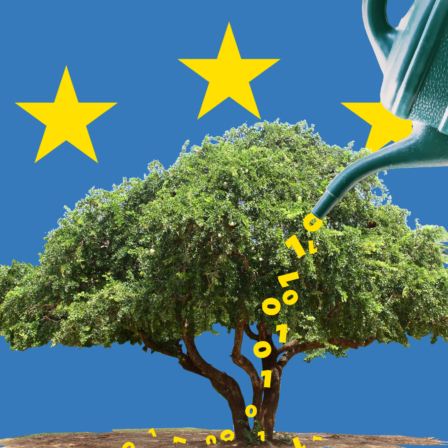 Watering can pouring zeros and ones to the roots of a tree which is surrounded by 12 EU stars.