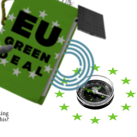 Käsi pitelee kirjaa, jossa lukee 'EU Green Deal'. Taustalla kompassi ja EU-lipun 12 tähteä.