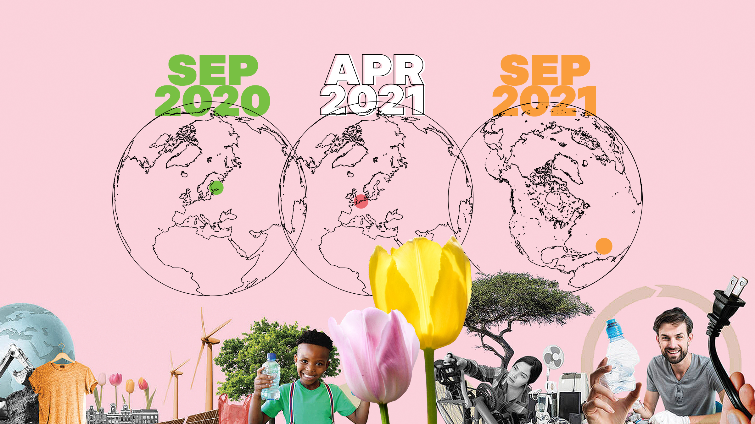 Illustration: Three globes portraying WCEF online held in September 2020, WCEF+Climate held in April 2021 and coming WCEF event that will be held in Canada in September 2021