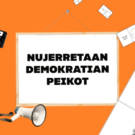 Kuvituskuva, jossa keskellä tiimin nimi Nujerretaan demokratian peikot