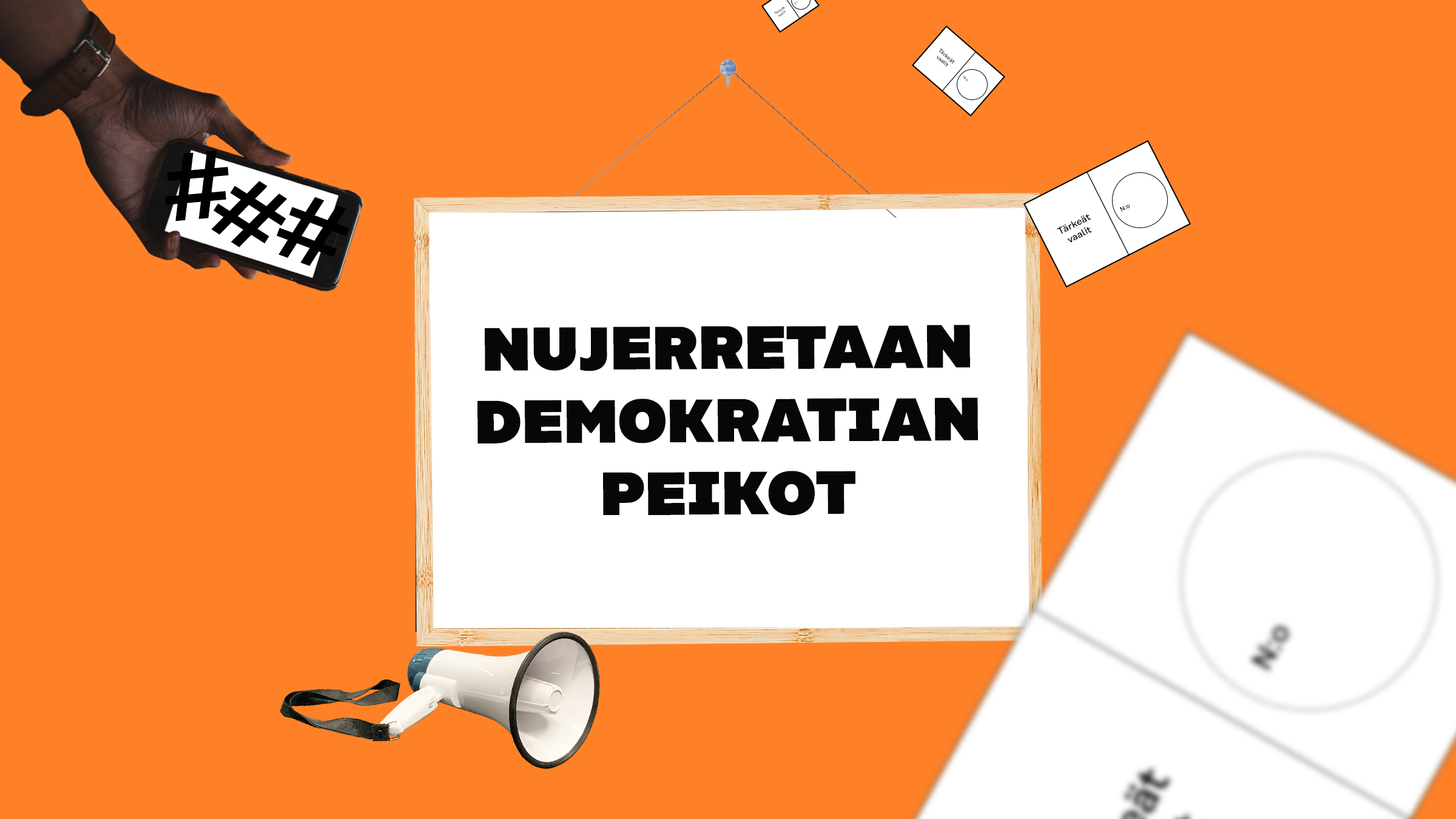 Kuvituskuva, jossa keskellä tiimin nimi Nujerretaan demokratian peikot