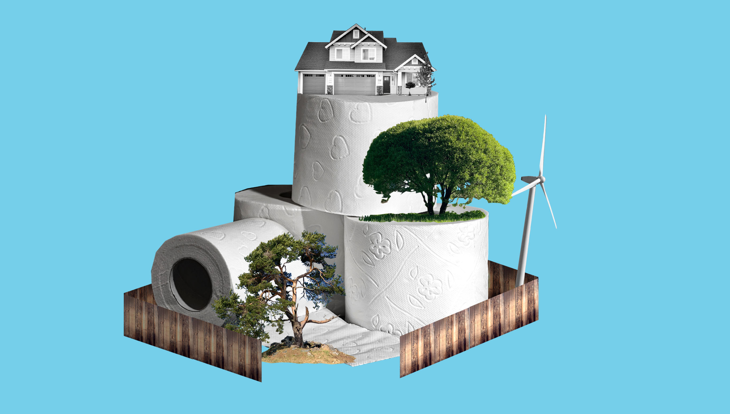 A house on a hill of toilet paper, with trees and a windmill and a wooden fence.