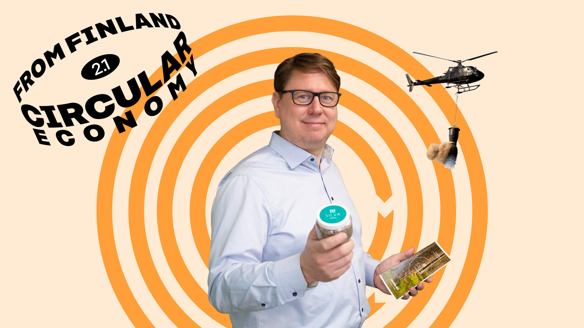 Ecolan's CEO Juha Ahvenainen on an orange background with a helicopter.