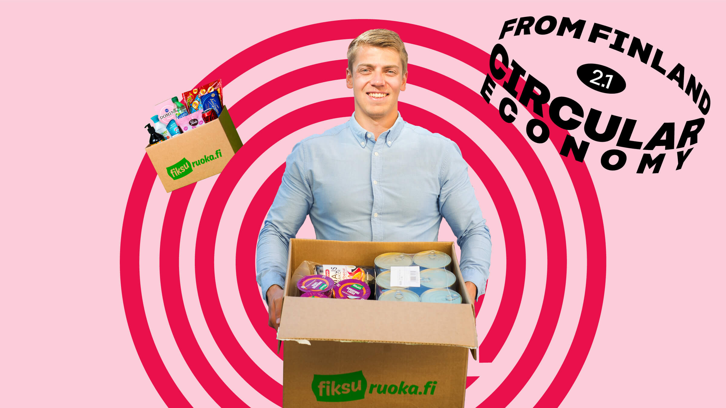 Fiksuruoka's CEO and co-founder Juhani Järvensivu on a pink background with a Fiksuruoka box.