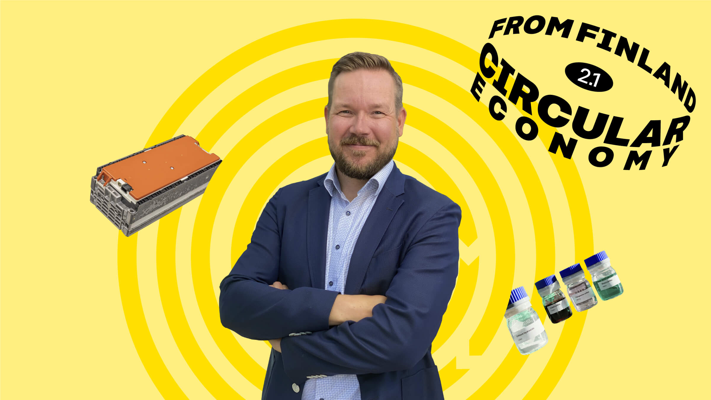 Fortum Battery Solutions Head of Business Tero Höllander on a yellow background with batteries.