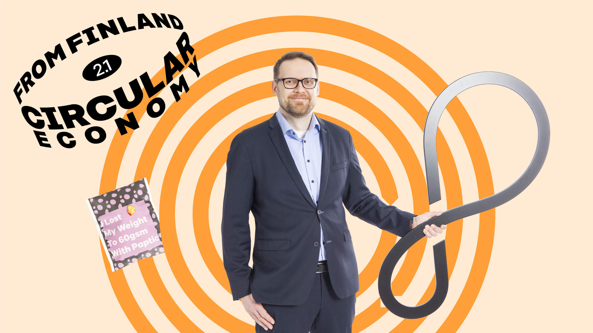 Paptic's founder and CEO Tuomas Mustonen on an orange background with a circular economy symbol.