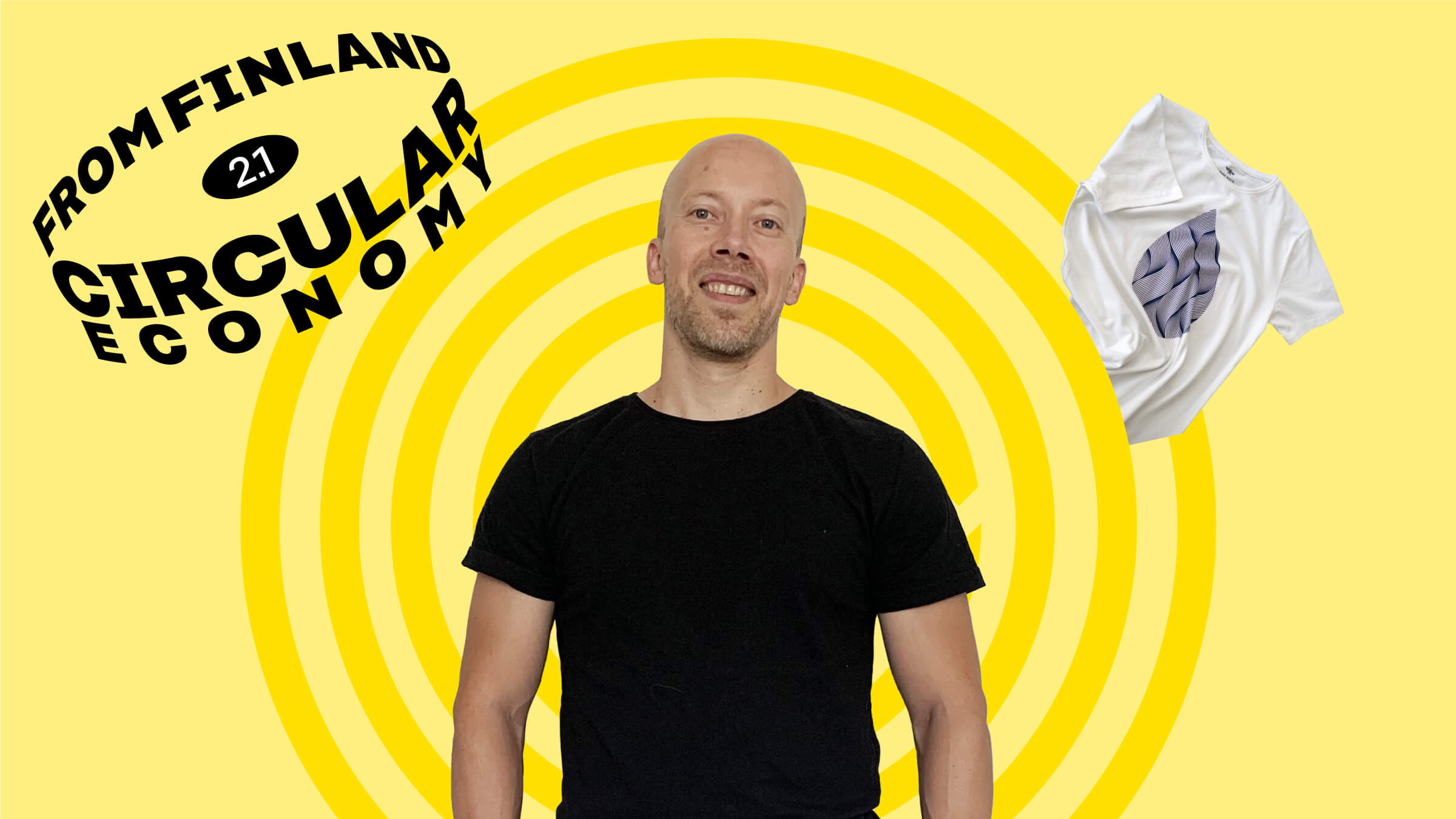 Pure Waste's co-founder Jukka Pesola on a yellow background with a t shirt.