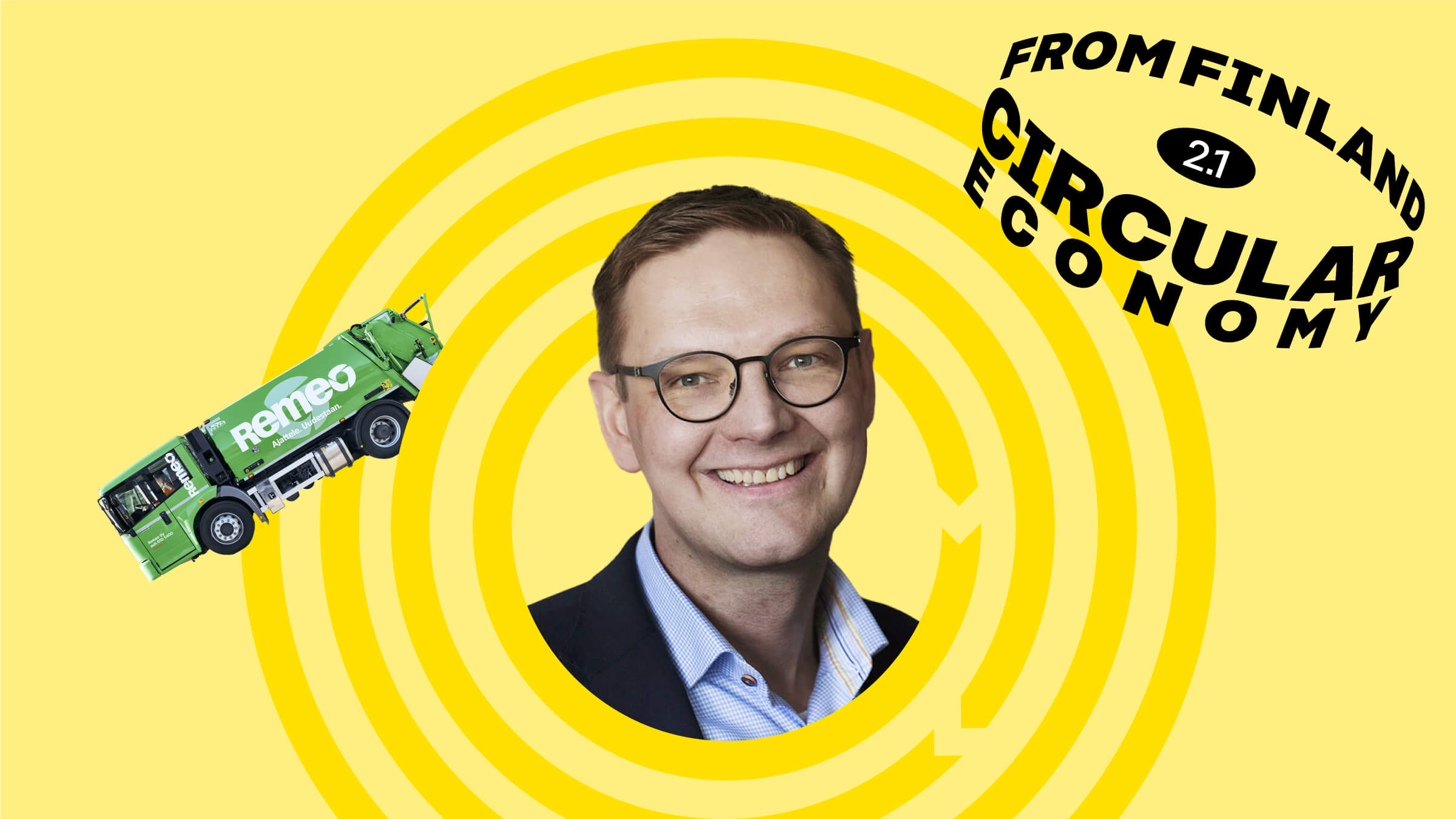 Remeo's CEO Johan Mild on a yellow background with a Remeo truck.