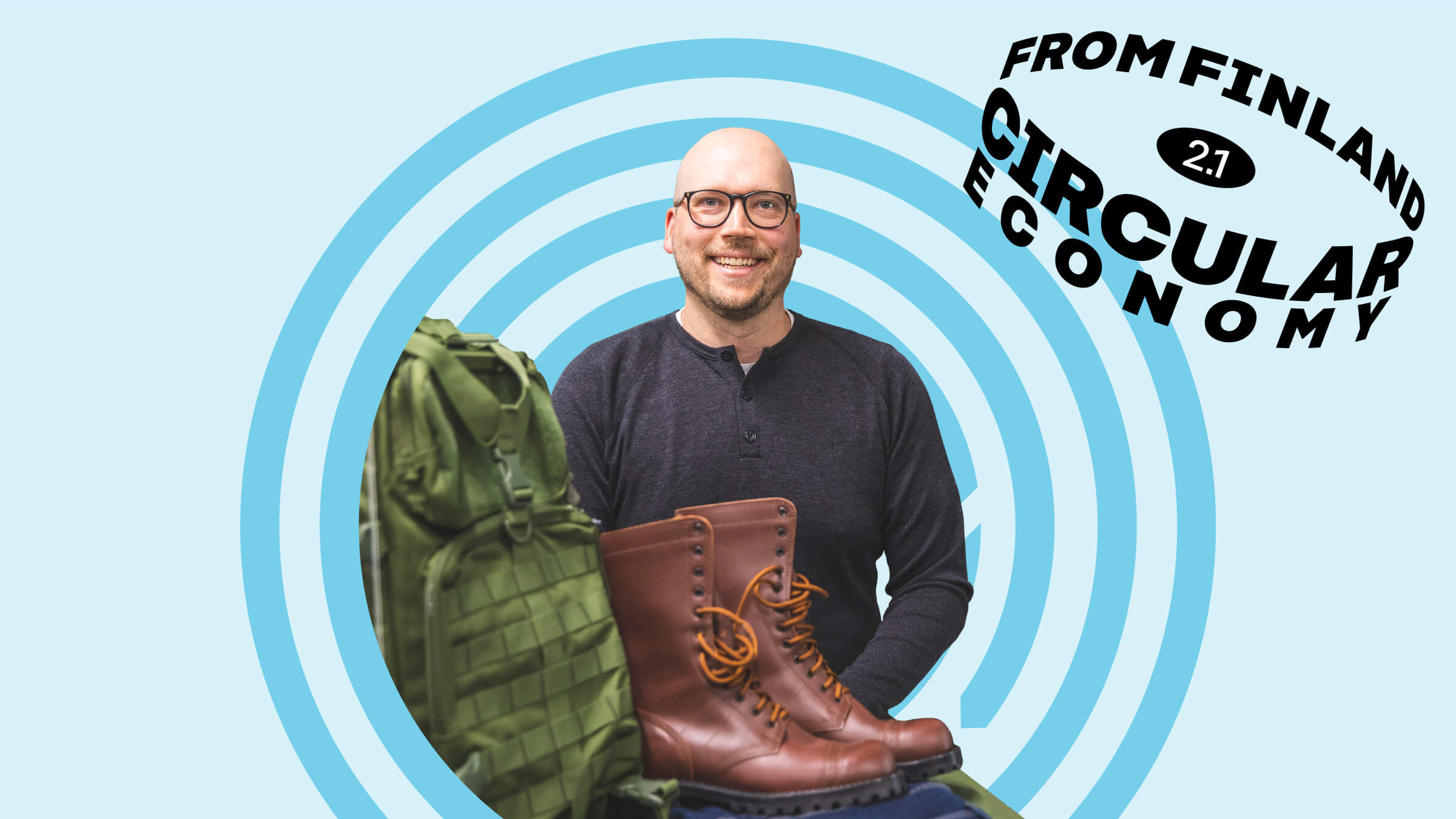 Varusteleka's development coordinator Olli Rauhala on a blue background with army boots and gear.