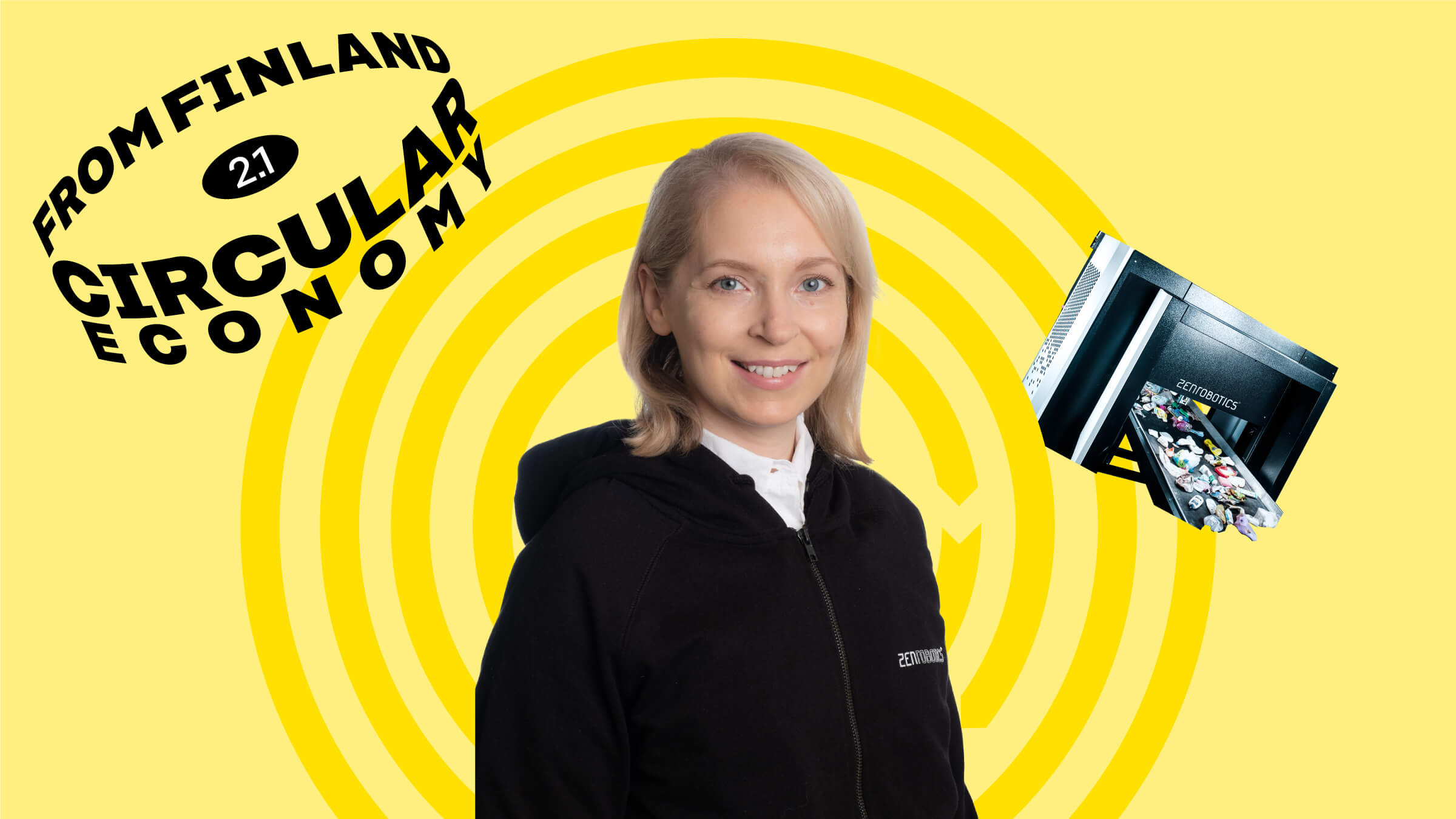 Tuuli Mäkelä, head of marketing at Zen Robotics on a yellow background with a robot.