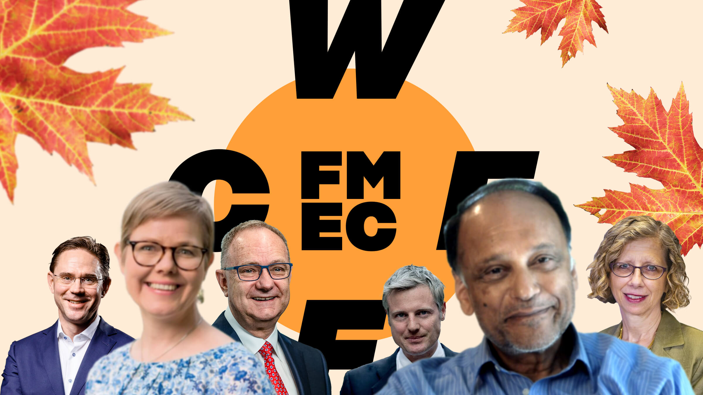 Jyrki Katainen, Krista Mikkonen, Mark Cutifani, Lord Zac Goldsmith, Sir Partha Dasgupta and Inger Andersen, with maple leaves and the WCEF2021 logo.