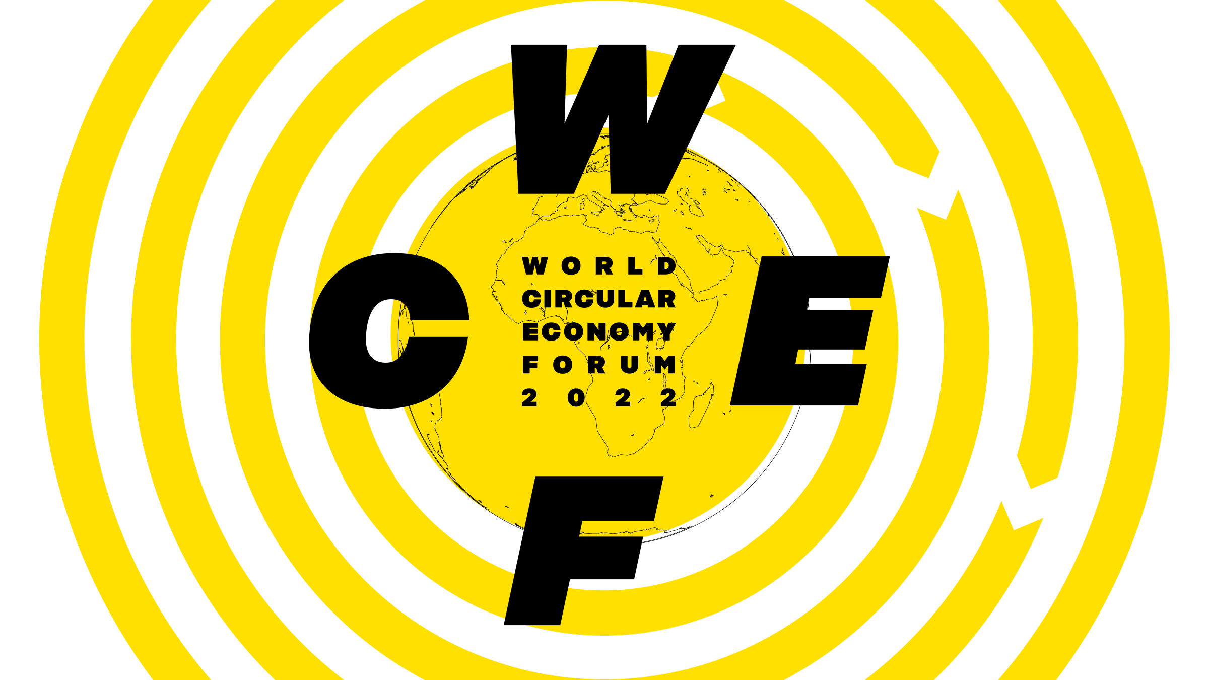 The globe superimposed by the WCEF sign surrounded by yellow circles