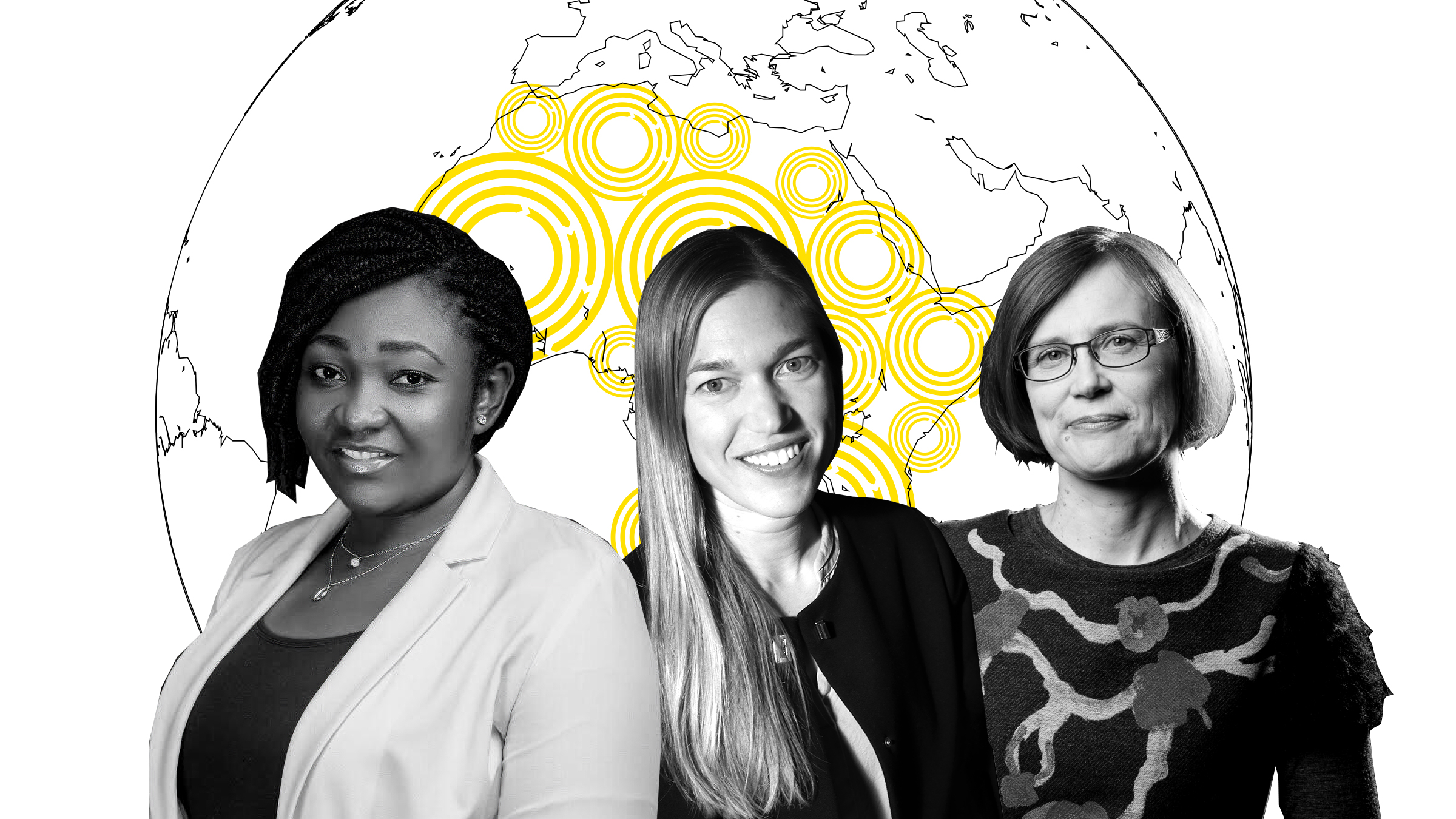 Globe with the map of Africa and Bonmwa Fwankwal, Elisa Luotonen and Laura Järvinen