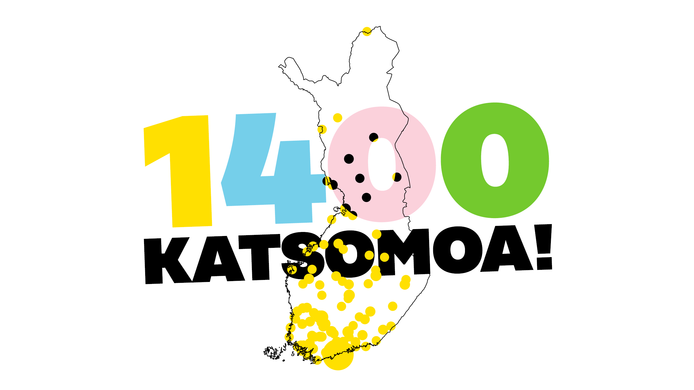 Kuvassa Suomen kartta, jossa kaikki kisakatsomot keltaisilla pisteillä sekä teksti 1400 katsomoa!