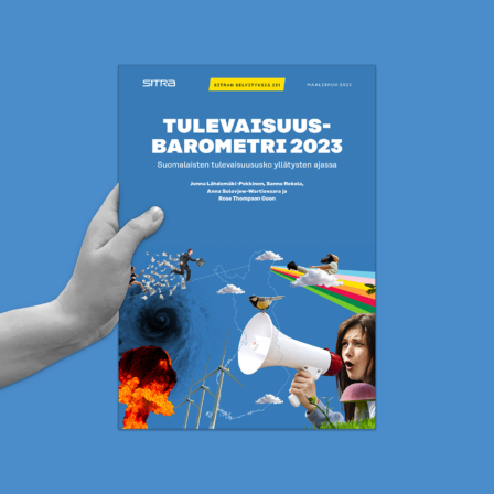 Käsi, joka pitelee Tulevaisuusbarometri 2023 -julkaisua