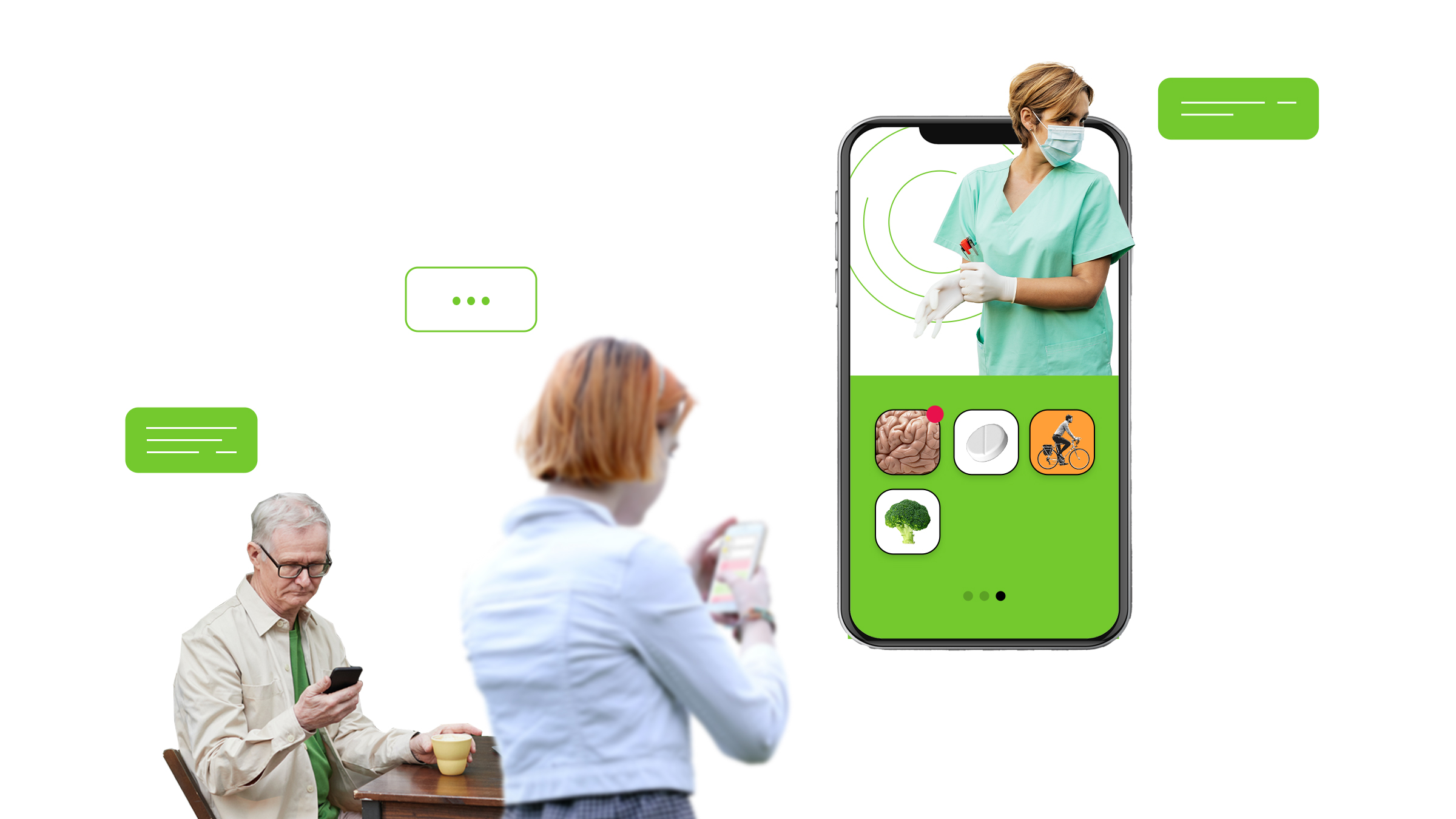 The doctor and patient look at the health app on their phone. The nurse pulls on her gloves.