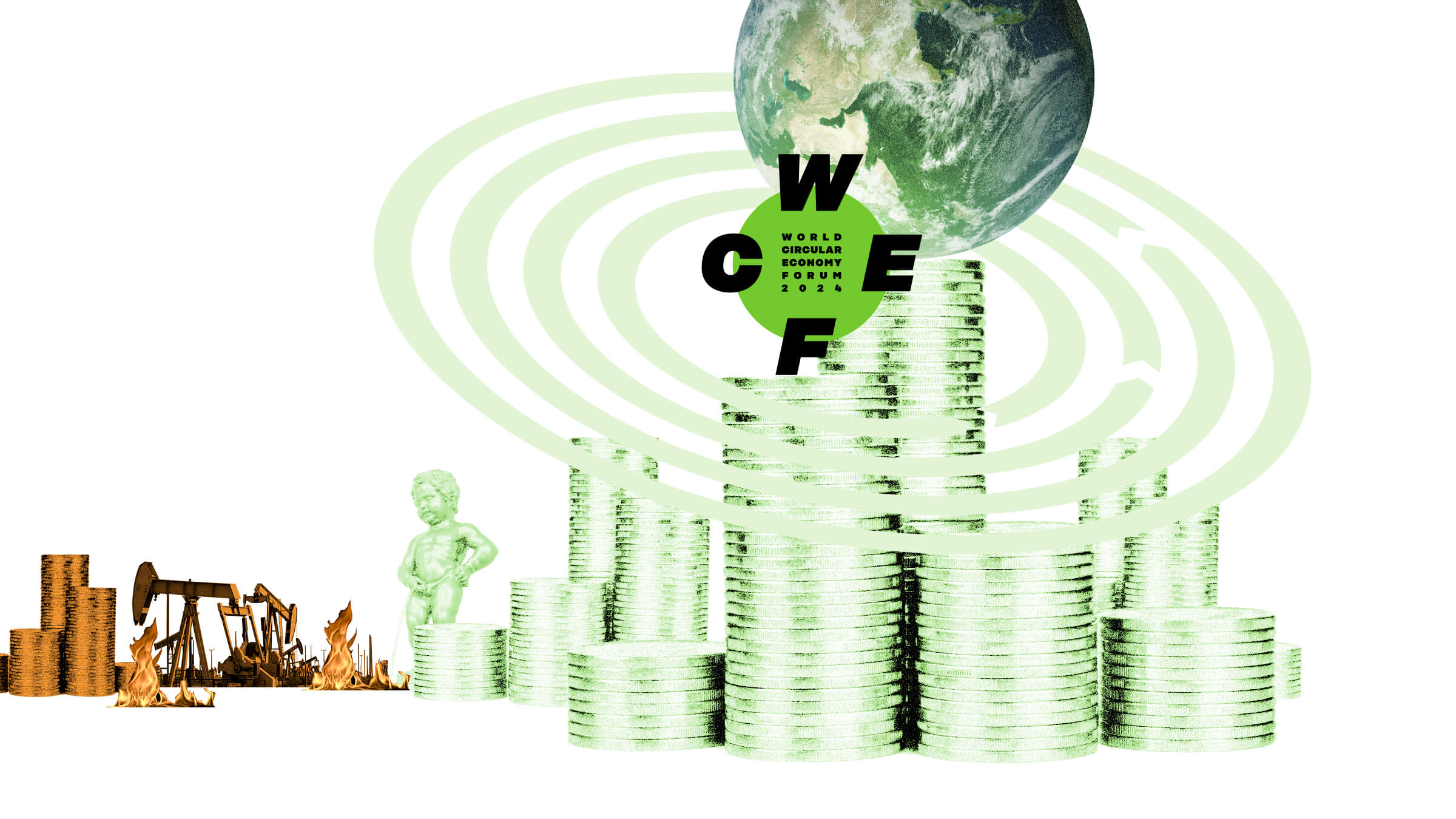 A collage-like illustration of oil pumps and the money around them burning. The fire is put out by Manneke's Pisin Urtsa. There is a lot more money in front of the WCEF logo and the globe than there is around the oil pumps.