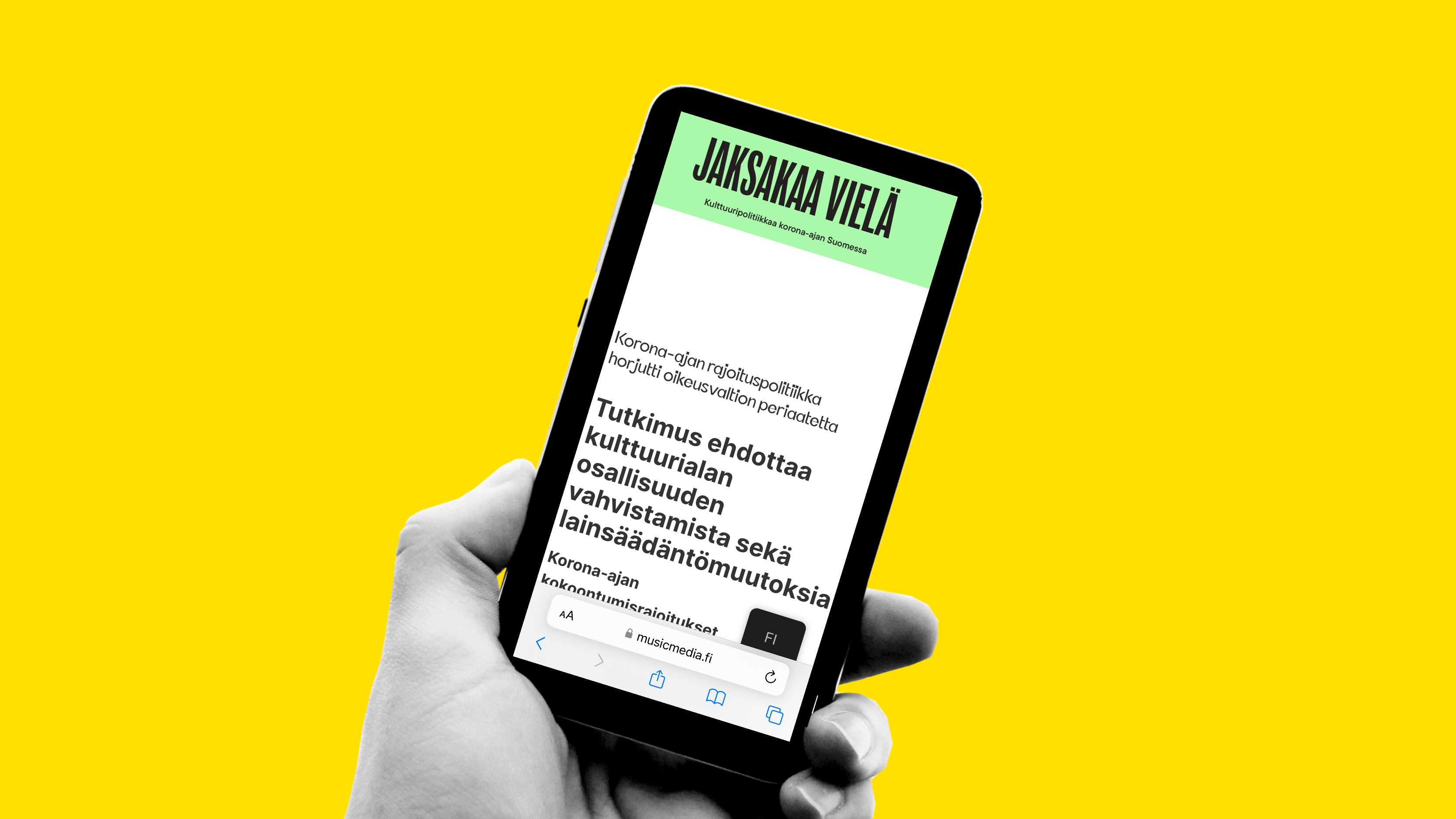 Käsi pitelee puhelinta, ruudulla esillä Kulttuuripolitiikka korona-ajan Suomessa tutkimus otsikolla: Jaksakaa vielä.