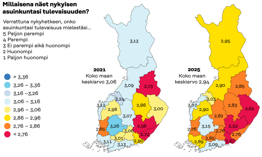 Kuvassa vastaukset kysymykseen, millaisena näkee nykyisen asuinkunnan tulevaisuuden. Tulokset ovat pudonneet edelliseen kyselyyn verrattuna liki kaikkialla. Synkimmät näkymät ovat Etelä-Savossa ja myönteisimmät Pirkanmaalla.